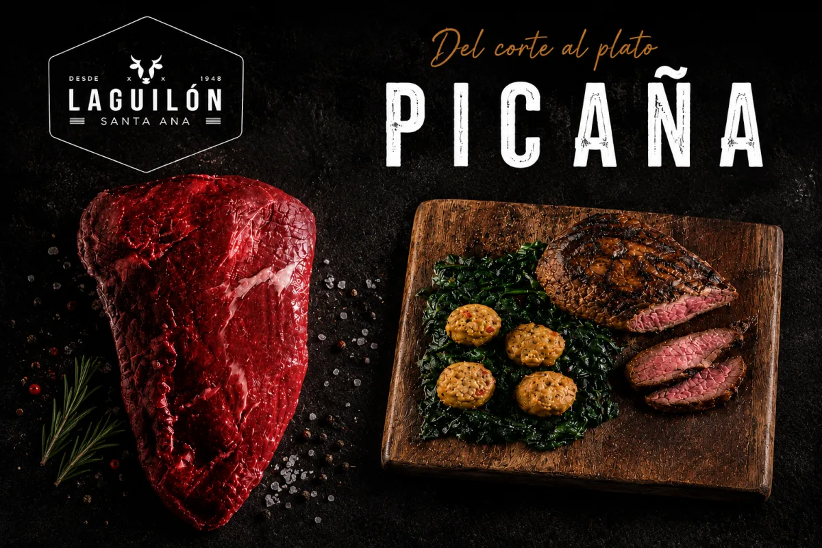 Picaña con espinacas y flan de papas y puerros